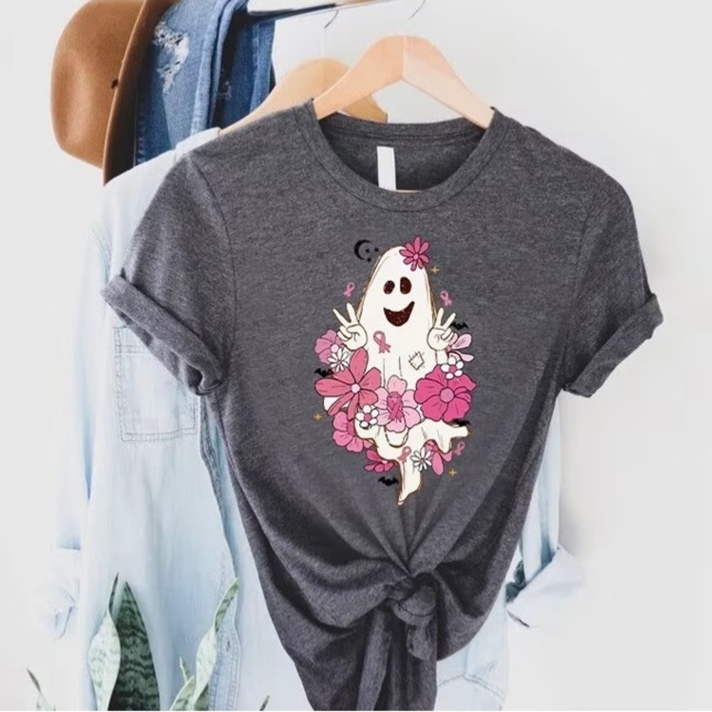 Ghost Breast Cancer Awareness Warrior heather gray tee shirt.